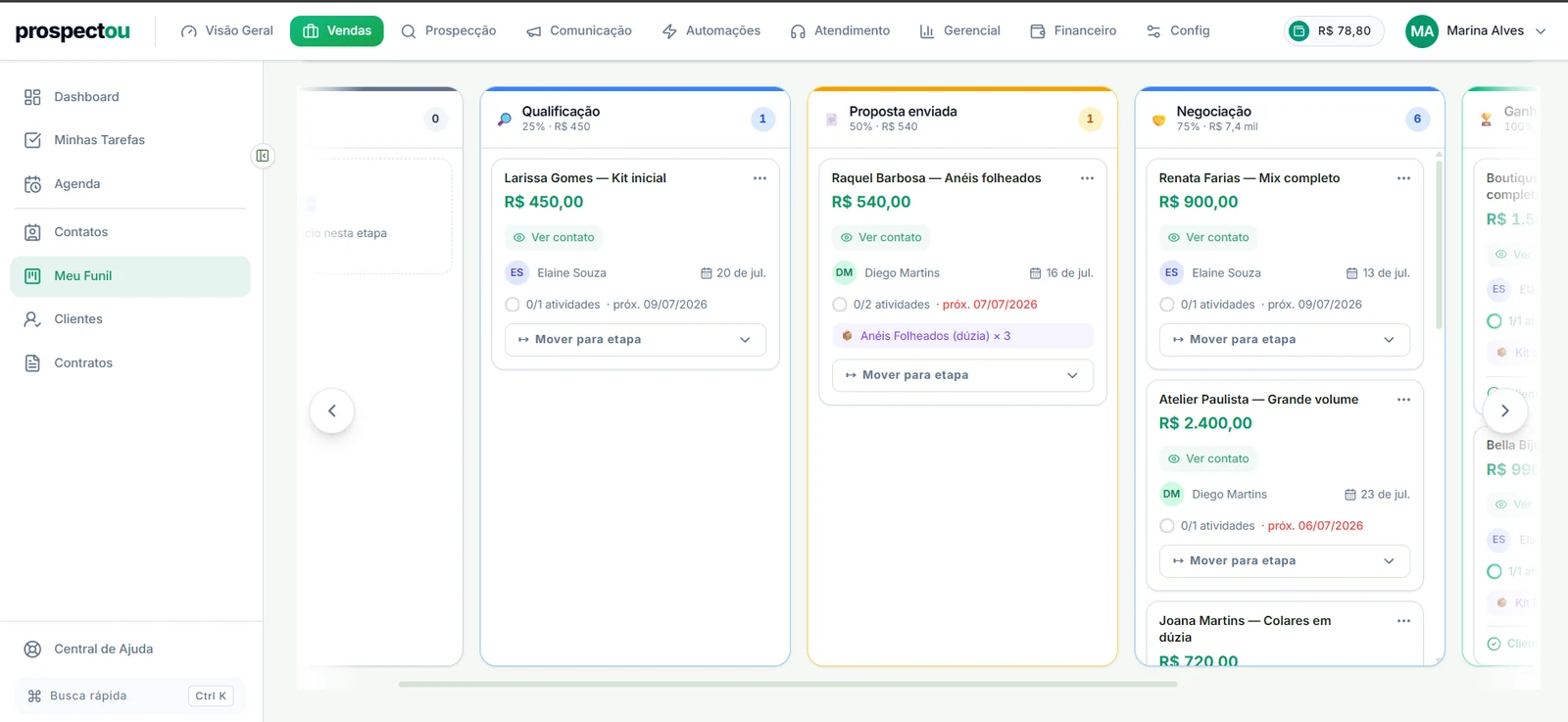 CRM e funil da Prospectou